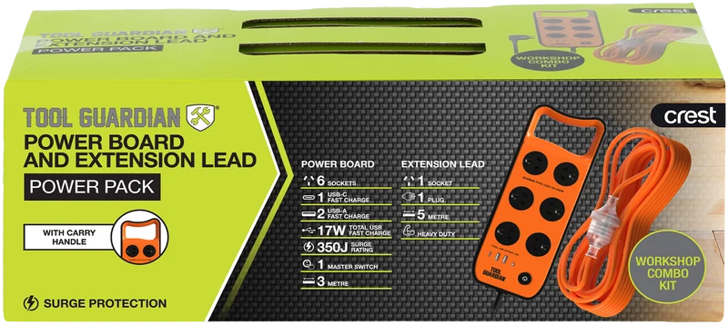 Tool Guardian 6-Way Power Board & 5m Extension Lead Bundle