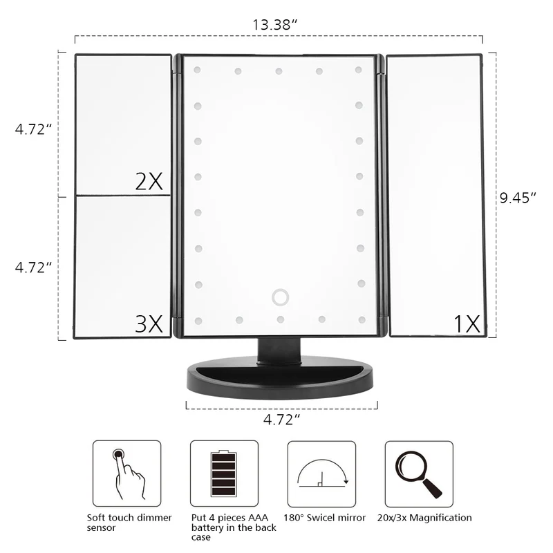 Mirroir maquillage 4 en 1.Touch Screen 1X 2X 3X 10X 22 leds