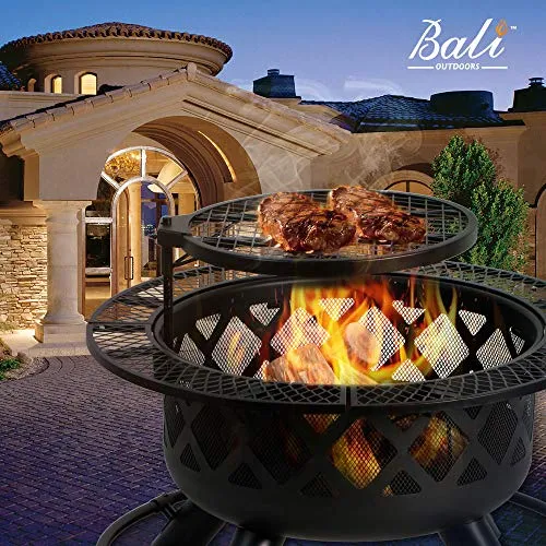 BALI OUTDOORS Wood Burning Fire Pit Backyard with Cooking Grill, 32in, Black, 24in