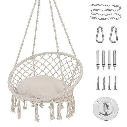 Patio Watcher Hammock Chair Macrame Swing with Cushion and Hanging Hardware Kits, Handmade Knitted Mesh Rope Swing Chair for Indoor, Outdoor, Home, Bedroom, Patio, Yard，Deck, Garden