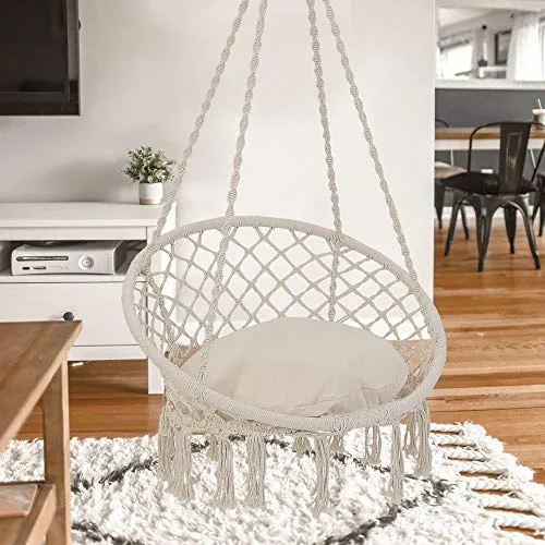 Patio Watcher Hammock Chair Macrame Swing with Cushion and Hanging Hardware Kits, Handmade Knitted Mesh Rope Swing Chair for Indoor, Outdoor, Home, Bedroom, Patio, Yard，Deck, Garden