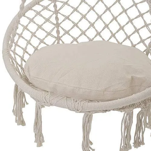 Patio Watcher Hammock Chair Macrame Swing with Cushion and Hanging Hardware Kits, Handmade Knitted Mesh Rope Swing Chair for Indoor, Outdoor, Home, Bedroom, Patio, Yard，Deck, Garden
