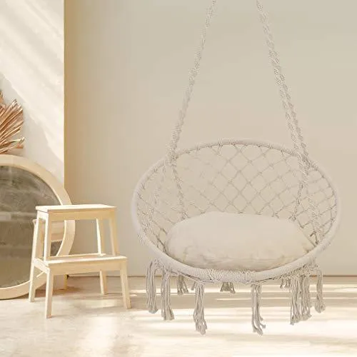 Patio Watcher Hammock Chair Macrame Swing with Cushion and Hanging Hardware Kits, Handmade Knitted Mesh Rope Swing Chair for Indoor, Outdoor, Home, Bedroom, Patio, Yard，Deck, Garden