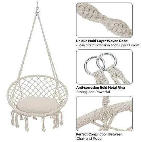 Patio Watcher Hammock Chair Macrame Swing with Cushion and Hanging Hardware Kits, Handmade Knitted Mesh Rope Swing Chair for Indoor, Outdoor, Home, Bedroom, Patio, Yard，Deck, Garden
