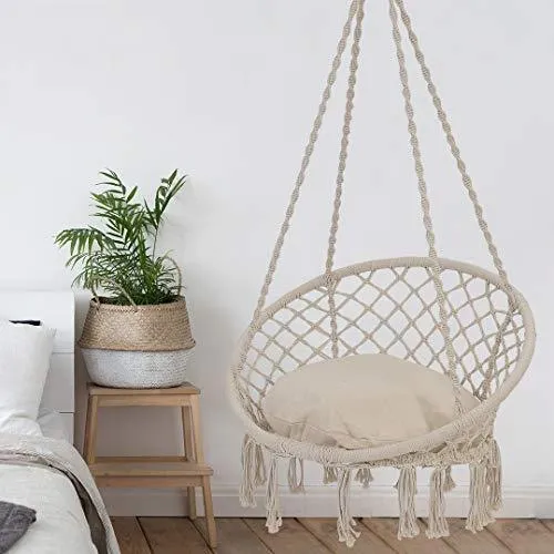 Patio Watcher Hammock Chair Macrame Swing with Cushion and Hanging Hardware Kits, Handmade Knitted Mesh Rope Swing Chair for Indoor, Outdoor, Home, Bedroom, Patio, Yard，Deck, Garden