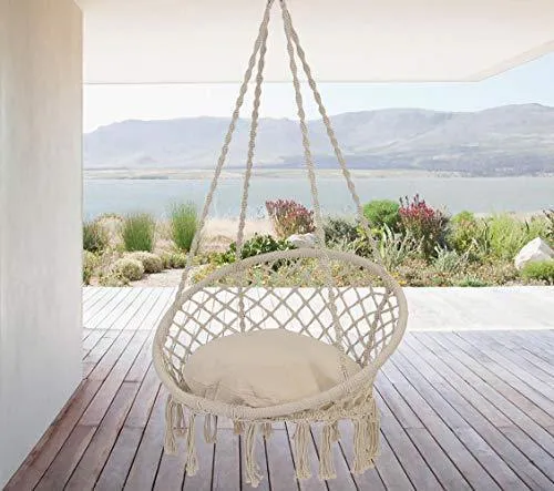 Patio Watcher Hammock Chair Macrame Swing with Cushion and Hanging Hardware Kits, Handmade Knitted Mesh Rope Swing Chair for Indoor, Outdoor, Home, Bedroom, Patio, Yard，Deck, Garden