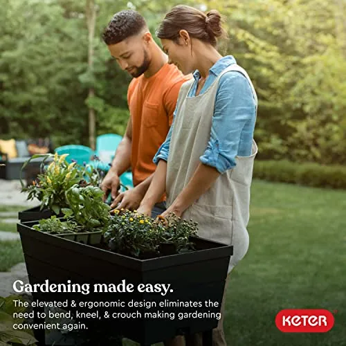 Keter Urban Bloomer 12.7 Gallon Raised Garden Bed with Self Watering Planter Box and Drainage Plug, Dark Grey
