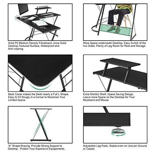 Mr IRONSTONE L-Shaped Desk 50.8" Computer Corner Desk, Home Gaming Desk, Office Writing Workstation with Large Monitor Stand, Space-Saving, Easy to Assemble, Black