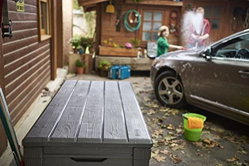 Keter Brightwood 120 Gallon Resin Large Deck Box for Patio Garden Furniture, Outdoor Cushion Storage, Pool Accessories, and Toys, Grey