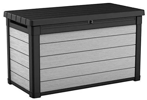 KETER Denali 100 Gallon Resin Large Deck Box-Organization and Storage for Patio Furniture, Outdoor Cushions, Garden Tools and Pool Toys, Grey/Black