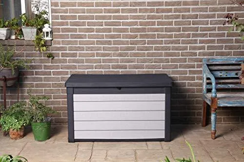 KETER Denali 100 Gallon Resin Large Deck Box-Organization and Storage for Patio Furniture, Outdoor Cushions, Garden Tools and Pool Toys, Grey/Black