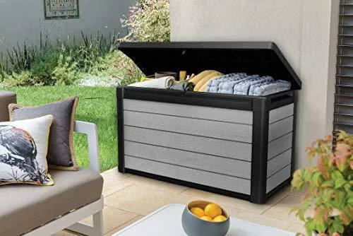 KETER Denali 100 Gallon Resin Large Deck Box-Organization and Storage for Patio Furniture, Outdoor Cushions, Garden Tools and Pool Toys, Grey/Black