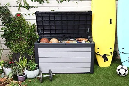 KETER Denali 100 Gallon Resin Large Deck Box-Organization and Storage for Patio Furniture, Outdoor Cushions, Garden Tools and Pool Toys, Grey/Black