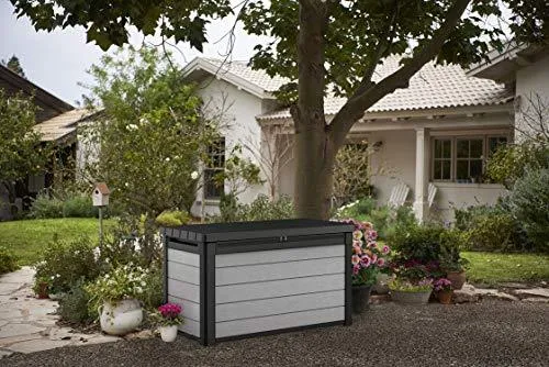 KETER Denali 100 Gallon Resin Large Deck Box-Organization and Storage for Patio Furniture, Outdoor Cushions, Garden Tools and Pool Toys, Grey/Black