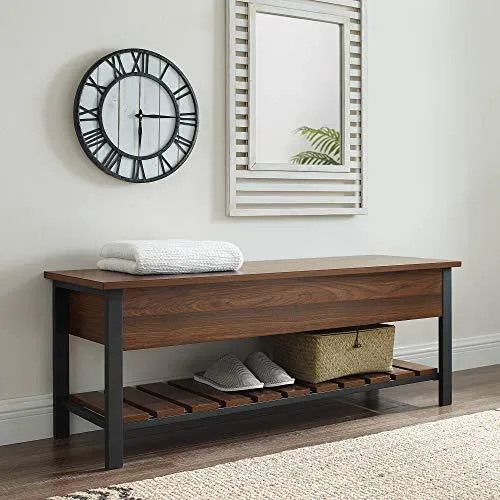 Walker Edison Julian Rustic Farmhouse Lift Top Entry Bench with Bottom Rack, 48 Inch - Walnut Brown