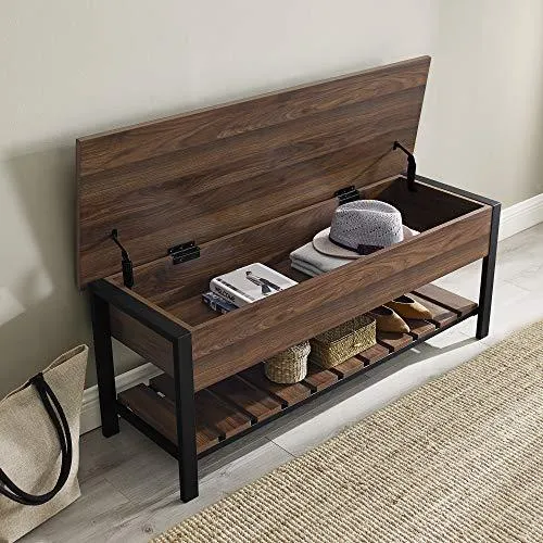 Walker Edison Julian Rustic Farmhouse Lift Top Entry Bench with Bottom Rack, 48 Inch - Walnut Brown