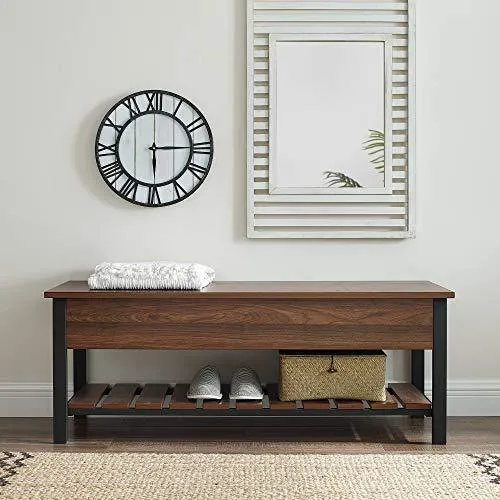 Walker Edison Julian Rustic Farmhouse Lift Top Entry Bench with Bottom Rack, 48 Inch - Walnut Brown