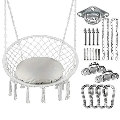 Greenstell Hammock Chair Macrame Swing with Cushion and Hanging Hardware Kits, Max 290 Lbs Hanging Cotton Rope Swing Chair, Comfortable Hanging Chairs for Indoor, Outdoor, Home, Patio, Yard (Beige)