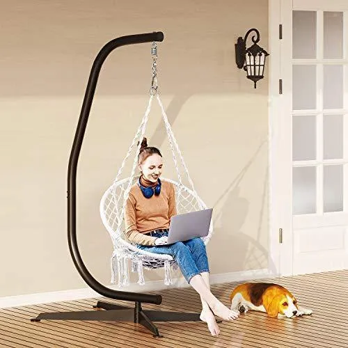 Greenstell Hammock Chair Macrame Swing with Cushion and Hanging Hardware Kits, Max 290 Lbs Hanging Cotton Rope Swing Chair, Comfortable Hanging Chairs for Indoor, Outdoor, Home, Patio, Yard (Beige)