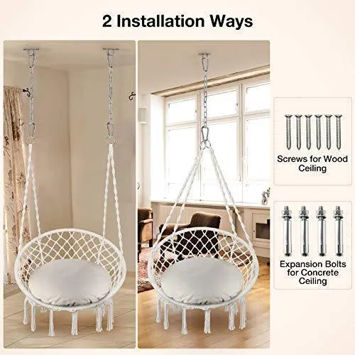 Greenstell Hammock Chair Macrame Swing with Cushion and Hanging Hardware Kits, Max 290 Lbs Hanging Cotton Rope Swing Chair, Comfortable Hanging Chairs for Indoor, Outdoor, Home, Patio, Yard (Beige)