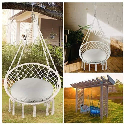 Greenstell Hammock Chair Macrame Swing with Cushion and Hanging Hardware Kits, Max 290 Lbs Hanging Cotton Rope Swing Chair, Comfortable Hanging Chairs for Indoor, Outdoor, Home, Patio, Yard (Beige)