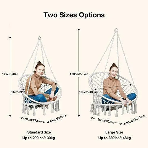 Greenstell Hammock Chair Macrame Swing with Cushion and Hanging Hardware Kits, Max 290 Lbs Hanging Cotton Rope Swing Chair, Comfortable Hanging Chairs for Indoor, Outdoor, Home, Patio, Yard (Beige)