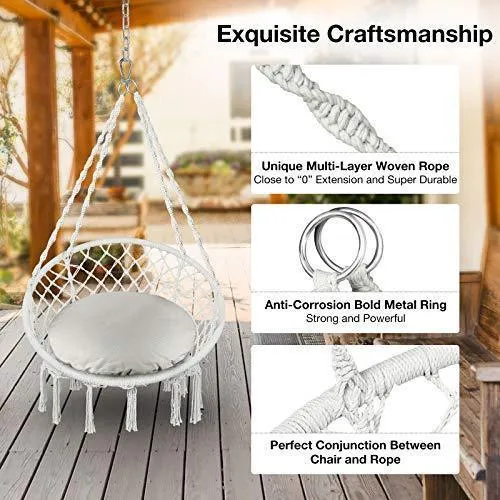 Greenstell Hammock Chair Macrame Swing with Cushion and Hanging Hardware Kits, Max 290 Lbs Hanging Cotton Rope Swing Chair, Comfortable Hanging Chairs for Indoor, Outdoor, Home, Patio, Yard (Beige)