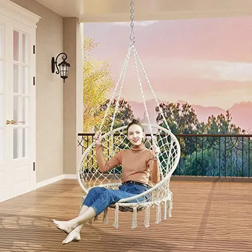 Greenstell Hammock Chair Macrame Swing with Cushion and Hanging Hardware Kits, Max 290 Lbs Hanging Cotton Rope Swing Chair, Comfortable Hanging Chairs for Indoor, Outdoor, Home, Patio, Yard (Beige)