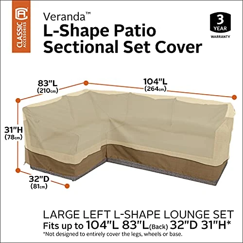 Classic Accessories 55-881-011501-RT Facing, Large Veranda Patio L-Shaped Sectional Sofa Cover, Left, Pebble, Patio Furniture Covers