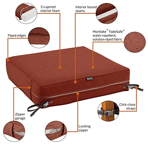 Classic Accessories Montlake Water-Resistant 21 x 21 x 5 Inch Square Outdoor Seat Cushion, Patio Furniture Chair Cushion, Heather Henna Red