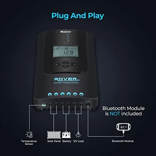 Renogy Rover 20A 12V/24V Auto DC Input MPPT Solar Charge Controller Parameter Adjustable LCD Display Solar Panel Regulator fit for Gel Sealed Flooded and Lithium Battery, Rover 20A