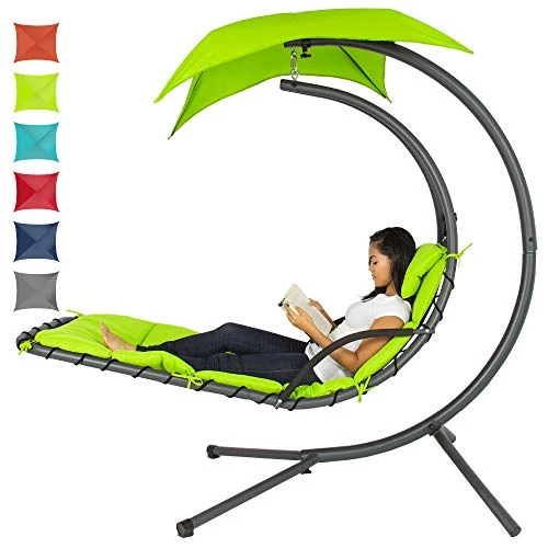 Best Choice Products Outdoor Hanging Curved Chaise Lounge Chair Swing for Backyard, Patio w/ Built-In Pillow, Removable Canopy, Stand - Green