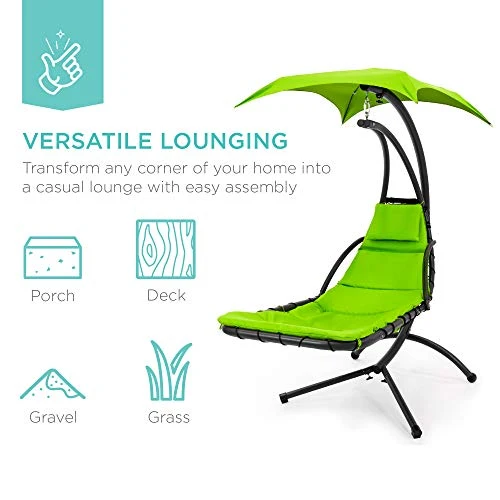 Best Choice Products Outdoor Hanging Curved Chaise Lounge Chair Swing for Backyard, Patio w/ Built-In Pillow, Removable Canopy, Stand - Green