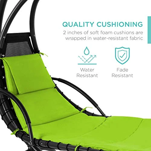 Best Choice Products Outdoor Hanging Curved Chaise Lounge Chair Swing for Backyard, Patio w/ Built-In Pillow, Removable Canopy, Stand - Green