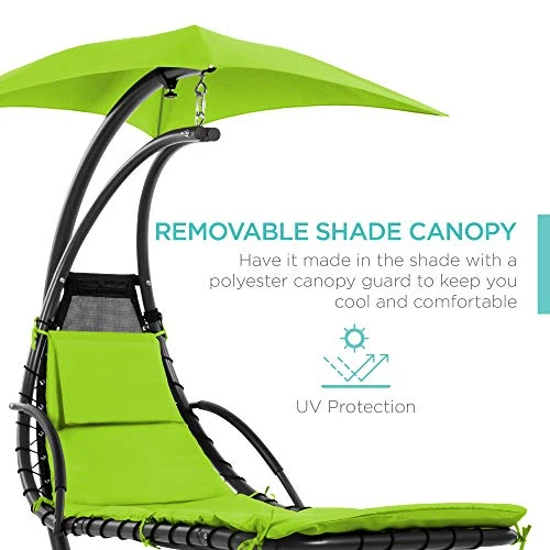 Best Choice Products Outdoor Hanging Curved Chaise Lounge Chair Swing for Backyard, Patio w/ Built-In Pillow, Removable Canopy, Stand - Green