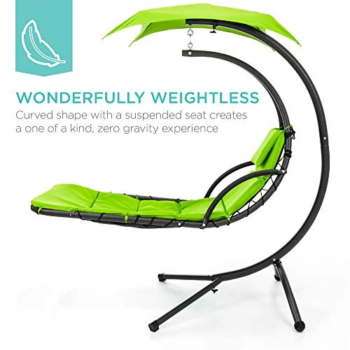 Best Choice Products Outdoor Hanging Curved Chaise Lounge Chair Swing for Backyard, Patio w/ Built-In Pillow, Removable Canopy, Stand - Green