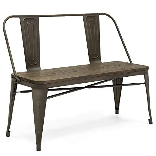 Best Choice Products 42in Indoor Outdoor Industrial Metal Rustic Farmhouse Dining Bench for Patio, Entryway, Garden, Backyard w/Wooden Seat, Removable Backrest, Non-Marring Foot Caps - Espresso