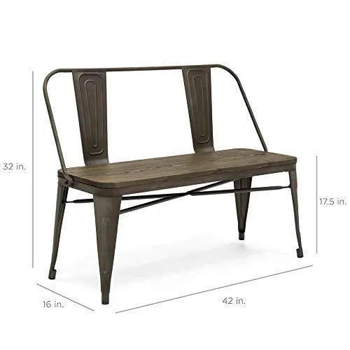 Best Choice Products 42in Indoor Outdoor Industrial Metal Rustic Farmhouse Dining Bench for Patio, Entryway, Garden, Backyard w/Wooden Seat, Removable Backrest, Non-Marring Foot Caps - Espresso