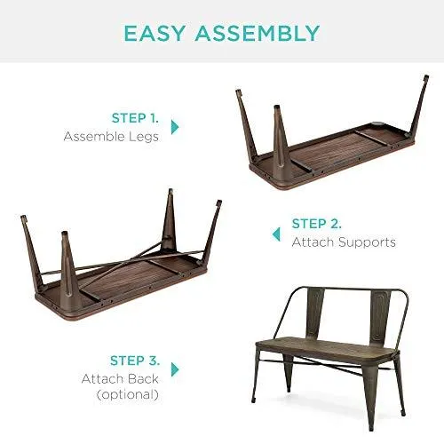 Best Choice Products 42in Indoor Outdoor Industrial Metal Rustic Farmhouse Dining Bench for Patio, Entryway, Garden, Backyard w/Wooden Seat, Removable Backrest, Non-Marring Foot Caps - Espresso