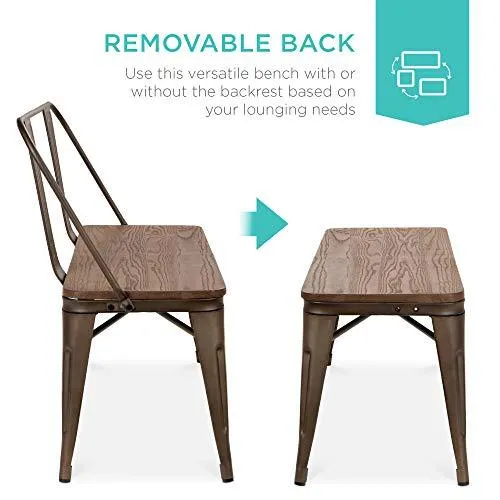 Best Choice Products 42in Indoor Outdoor Industrial Metal Rustic Farmhouse Dining Bench for Patio, Entryway, Garden, Backyard w/Wooden Seat, Removable Backrest, Non-Marring Foot Caps - Espresso
