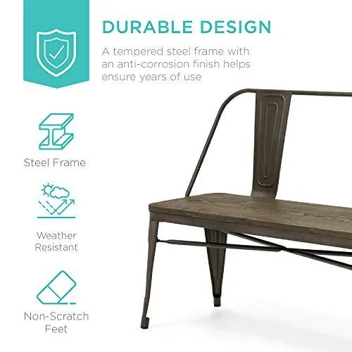 Best Choice Products 42in Indoor Outdoor Industrial Metal Rustic Farmhouse Dining Bench for Patio, Entryway, Garden, Backyard w/Wooden Seat, Removable Backrest, Non-Marring Foot Caps - Espresso