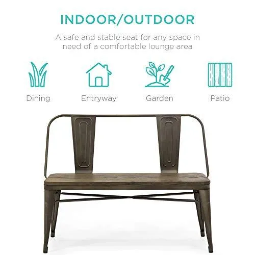 Best Choice Products 42in Indoor Outdoor Industrial Metal Rustic Farmhouse Dining Bench for Patio, Entryway, Garden, Backyard w/Wooden Seat, Removable Backrest, Non-Marring Foot Caps - Espresso