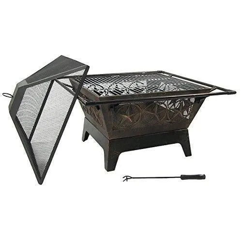 Sunnydaze Northern Galaxy Outdoor Fire Pit - 32 Inch Large Square Wood Burning Patio & Backyard Firepit for Outside with Cooking BBQ Grill Grate, Spark Screen, and Fireplace Poker