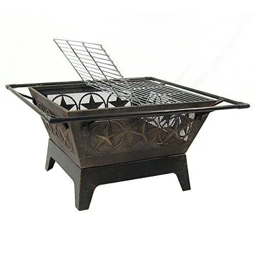 Sunnydaze Northern Galaxy Outdoor Fire Pit - 32 Inch Large Square Wood Burning Patio & Backyard Firepit for Outside with Cooking BBQ Grill Grate, Spark Screen, and Fireplace Poker