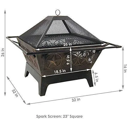 Sunnydaze Northern Galaxy Outdoor Fire Pit - 32 Inch Large Square Wood Burning Patio & Backyard Firepit for Outside with Cooking BBQ Grill Grate, Spark Screen, and Fireplace Poker
