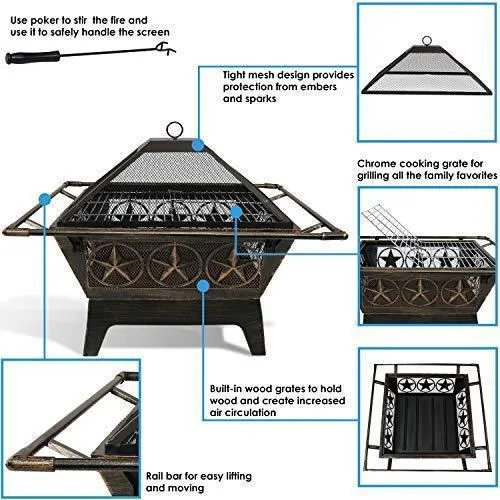 Sunnydaze Northern Galaxy Outdoor Fire Pit - 32 Inch Large Square Wood Burning Patio & Backyard Firepit for Outside with Cooking BBQ Grill Grate, Spark Screen, and Fireplace Poker