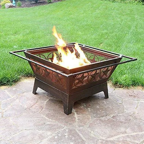 Sunnydaze Northern Galaxy Outdoor Fire Pit - 32 Inch Large Square Wood Burning Patio & Backyard Firepit for Outside with Cooking BBQ Grill Grate, Spark Screen, and Fireplace Poker