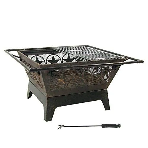 Sunnydaze Northern Galaxy Outdoor Fire Pit - 32 Inch Large Square Wood Burning Patio & Backyard Firepit for Outside with Cooking BBQ Grill Grate, Spark Screen, and Fireplace Poker