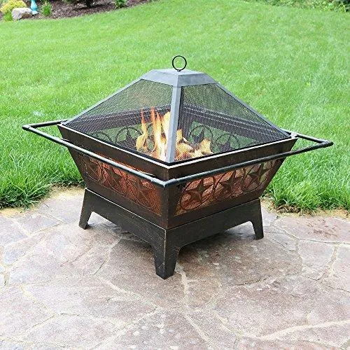 Sunnydaze Northern Galaxy Outdoor Fire Pit - 32 Inch Large Square Wood Burning Patio & Backyard Firepit for Outside with Cooking BBQ Grill Grate, Spark Screen, and Fireplace Poker
