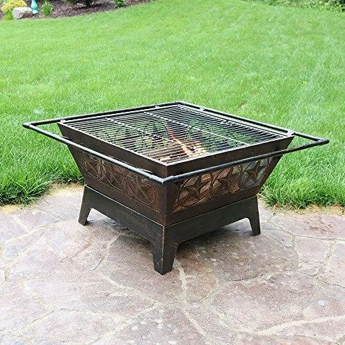 Sunnydaze Northern Galaxy Outdoor Fire Pit - 32 Inch Large Square Wood Burning Patio & Backyard Firepit for Outside with Cooking BBQ Grill Grate, Spark Screen, and Fireplace Poker